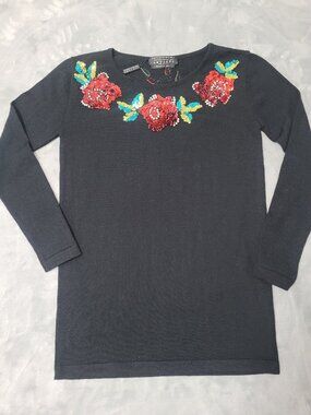 Amuleti Sequin Roses Sweater Women Size 8 Black Red Bling Embellished Top NWT